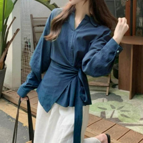 ◈[당일발송] 내추럴 랩 오픈카라 블라우스