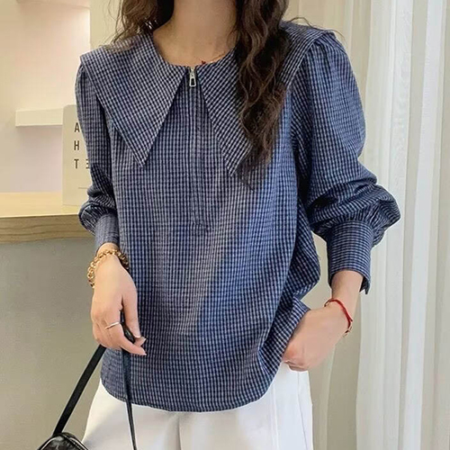 세일러 체크 반집업 블라우스