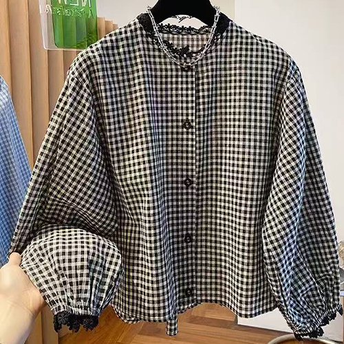 )러블리 깅엄 체크 레이스 블라우스