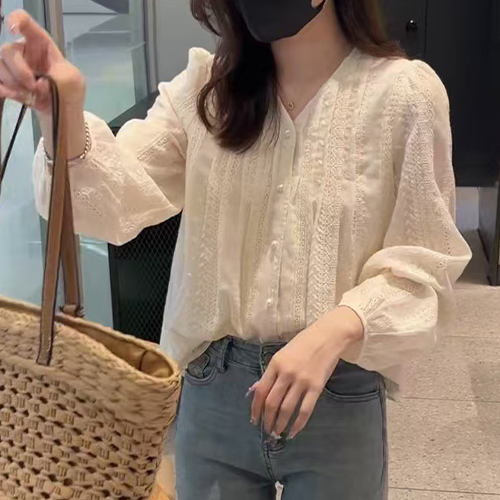 진주 버튼 자수 패턴 브이넥 블라우스