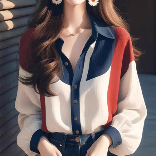 컬러 배색 카라 블라우스