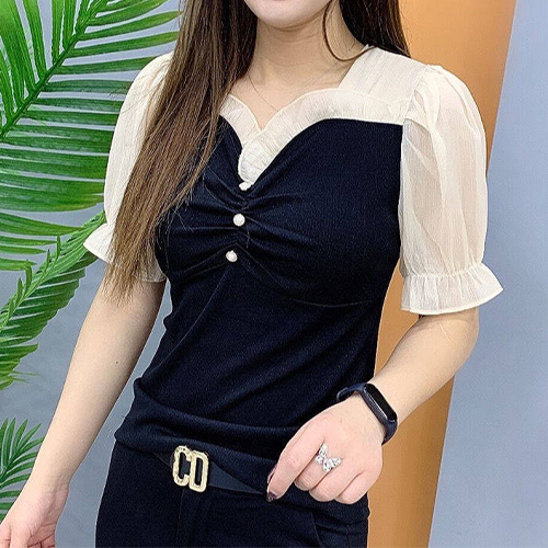 시스루 배색 퍼프소매 반팔 블라우스