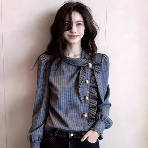 금장 프릴 클래식 체크 블라우스