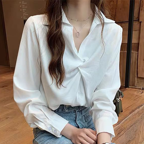 셔링 포인트 브이넥 셔츠 블라우스