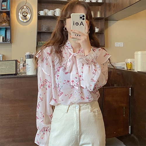 러블리 핑크 가든 타이 블라우스