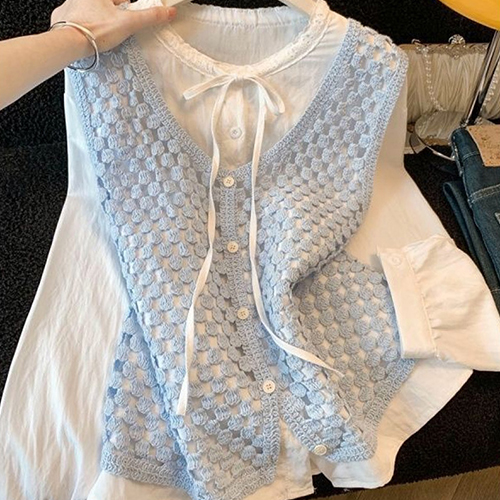 러블리 크로셰 니트 베스트&리본 블라우스 2SET