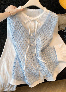 러블리 크로셰 니트 베스트&리본 블라우스 2SET
