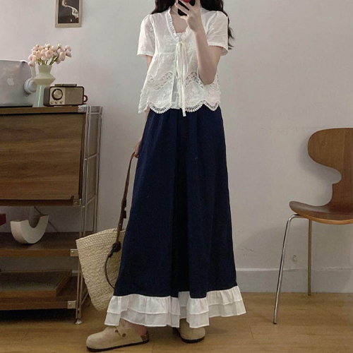 로맨틱 감성 레이스 블라우스&빅와이드 팬츠 2SET