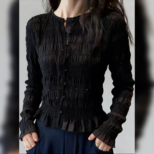 페미닌 셔링 슬림핏 버튼 블라우스