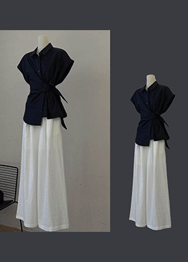 언발 랩스타일 카라 블라우스&화이트 와이드 팬츠 2SET