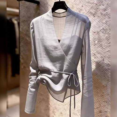 여리핏 시스루 브이넥 랩 블라우스