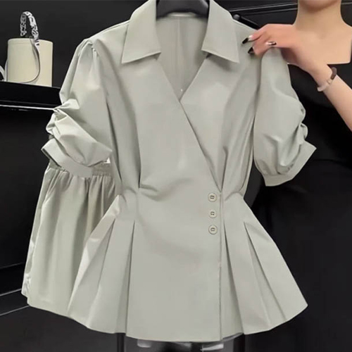 여름 쾌적 슬림 페플럼 카라 핀턱 블라우스