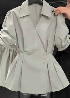 여름 쾌적 슬림 페플럼 카라 핀턱 블라우스