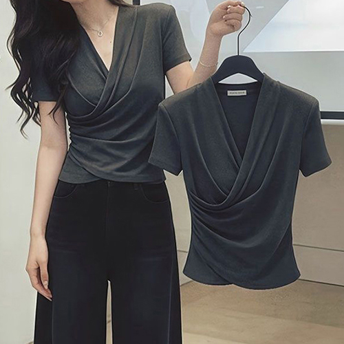 드레이프 랩 스타일 텐션 반팔 블라우스