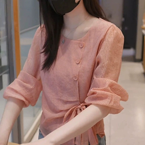 플라워 스트라이프 랩 디자인 블라우스