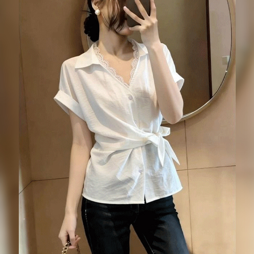 레이스 카라 브이넥 여리핏 블라우스