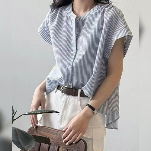 핀스트라이프 썸머 롤업 블라우스