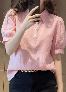 핑크 버튼 카라 퍼프 블라우스
