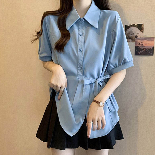 리본 페플럼 반팔 카라 블라우스