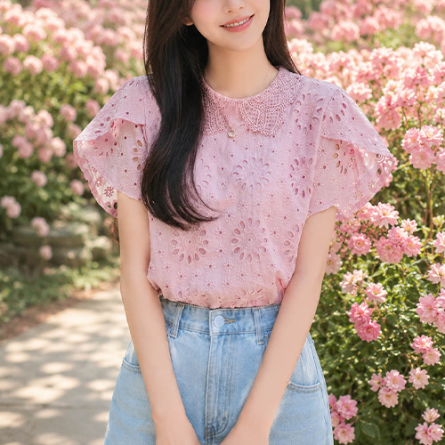 레이스 카라 플라워 펀칭 블라우스