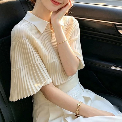 우아한 플리츠 셔츠 카라 블라우스
