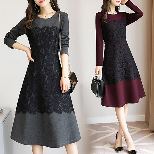 ◈[당일발송]페미닌 레이스 플레어 스판 원피스