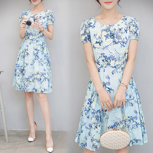 ◈[당일발송] 플라워 퍼프 소매 플레어 원피스