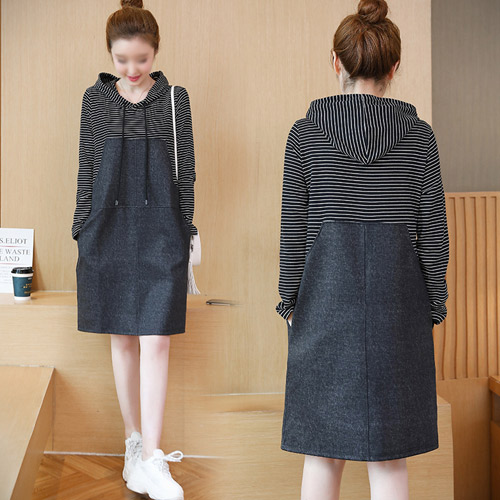 [당일발송] 스트라이프 후드 데님 원피스