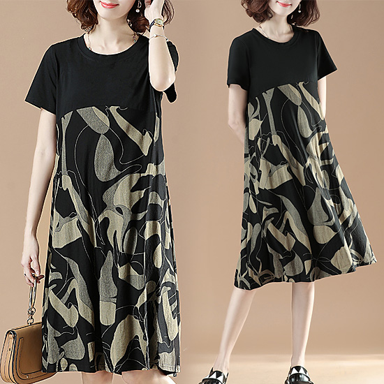 라운드 반팔 패턴 원피스