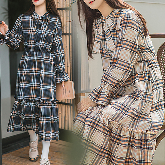 [당일발송] 체크 리본타이 밴딩 원피스