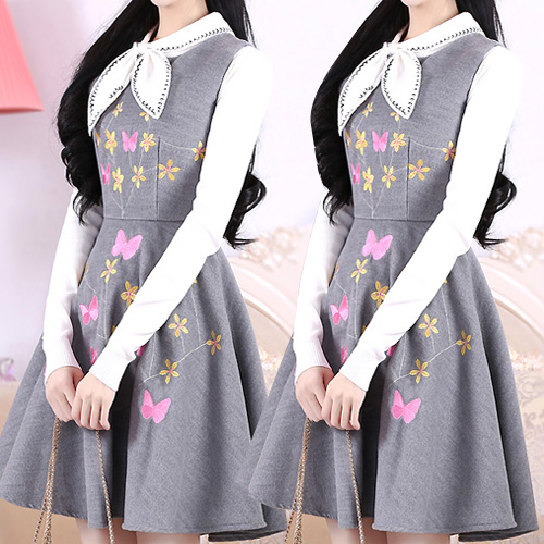 ◈[당일발송] 플라워 자수 포인트 플레어 원피스