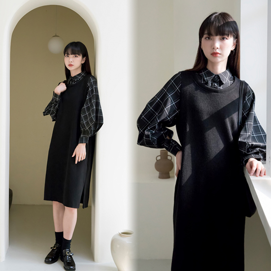 볼륨 슬리브 체크 셔츠 레이어드 디자인 원피스+벨트 세트