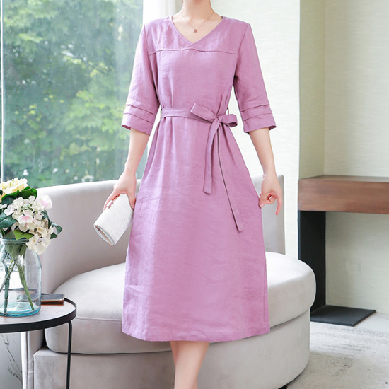 브이넥 허리끈 린넨 원피스