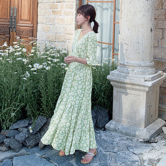 [재입고] 데이지 패턴 크로스 브이넥 프릴 반팔 롱 원피스