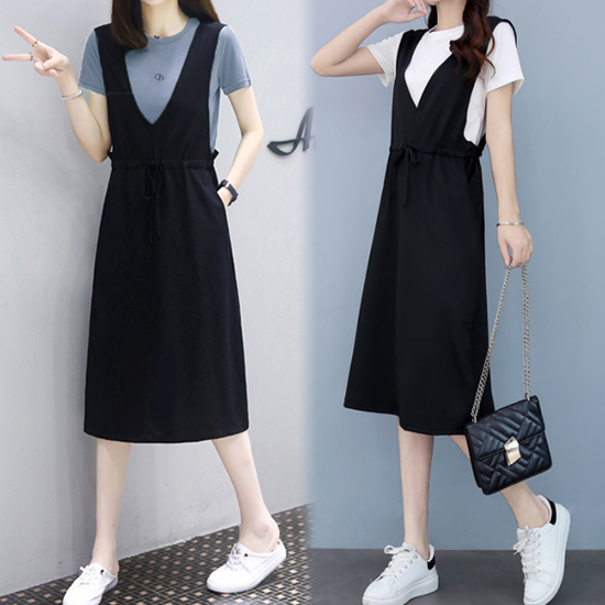[당일발송]베이직 반팔 티셔츠+허리 스트링 뷔스티에 원피스