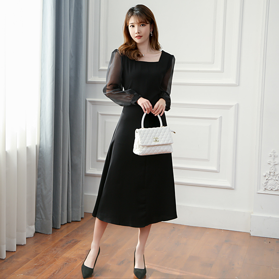 #Made M.[당일발송] 블랙 시스루 슬리브 롱 원피스