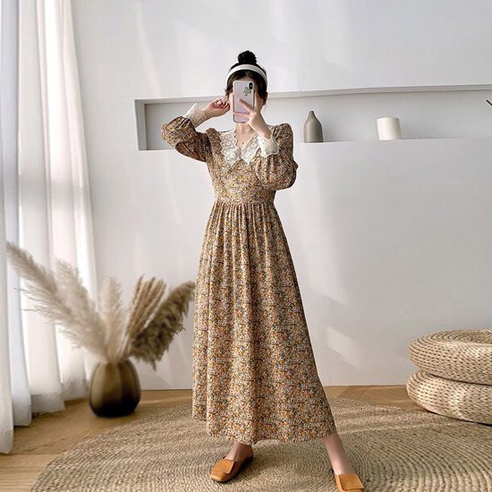 레이스 카라 플라워 롱 원피스