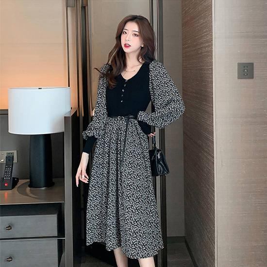 [당일발송][재입고] 벨트 세트 니트 배색 플라워 원피스