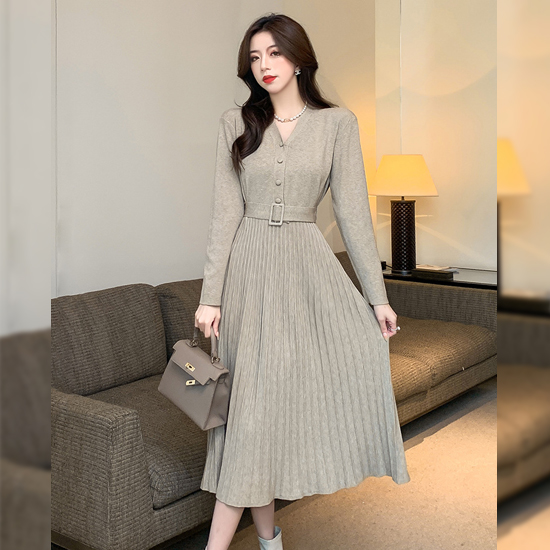 ◈[당일발송] [재입고]브이넥 주름 원피스+허리끈 set