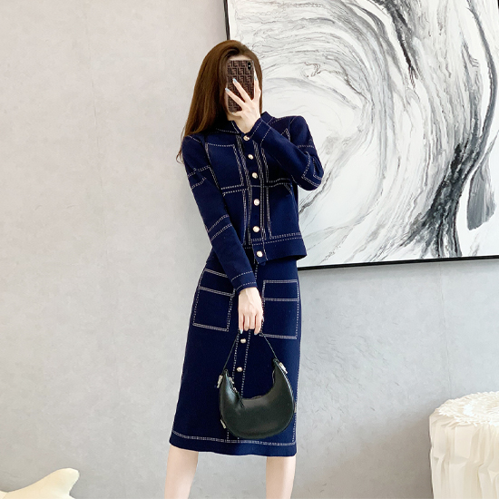 ◈[당일발송] 스티치 버튼 니트 투피스 세트