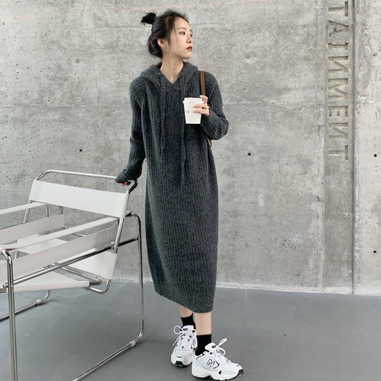 [재입고] 세로 골지 보카시 니트 후드 원피스