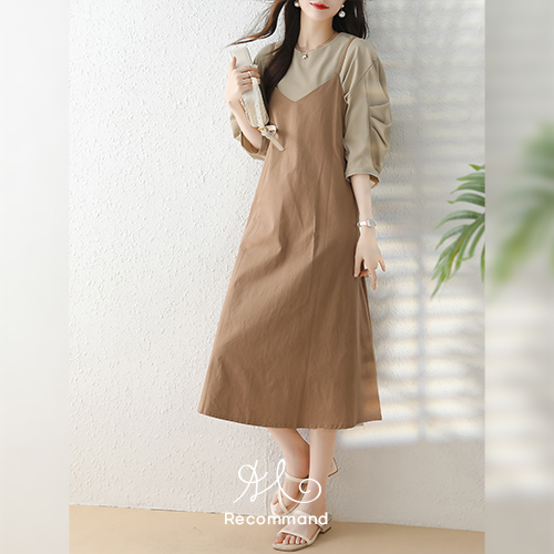 ◈[당일발송] 레이스 넥 배색 원피스