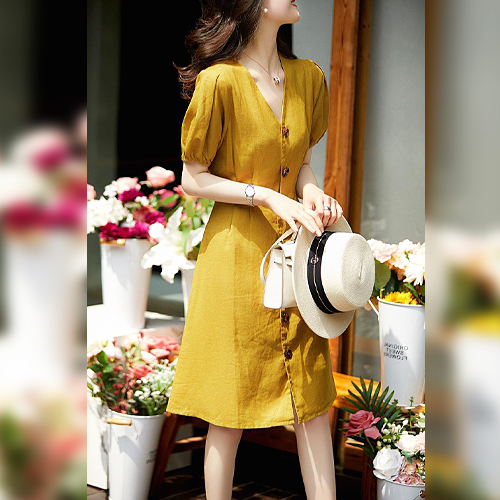  린넨 혼방 버튼 밴딩 소매 원피스 ★기장 추가★