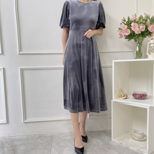  셔링 퍼프 벨벳 플레어 원피스