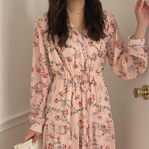  브이넥 쉬폰 플라워 스트링 원피스