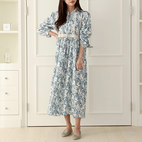 플라워 패턴 레이스 띠 원피스