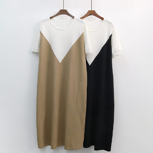 ◈[당일발송] 브이 배색 라운드넥 미디 롱원피스