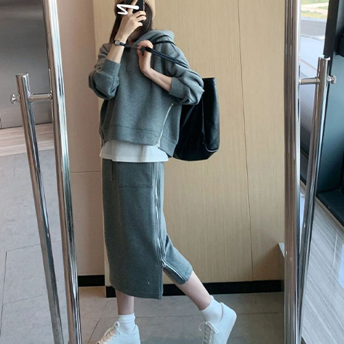 ◈[당일발송] 사이드 지퍼 무지 후드 맨투맨 스커트 세트