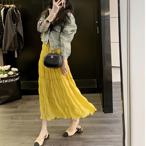 [당일발송]화사한 잔주름 플레어 롱 원피스 