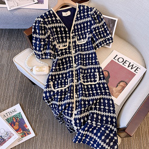 패턴 진주 버튼 브이넥 반팔 원피스